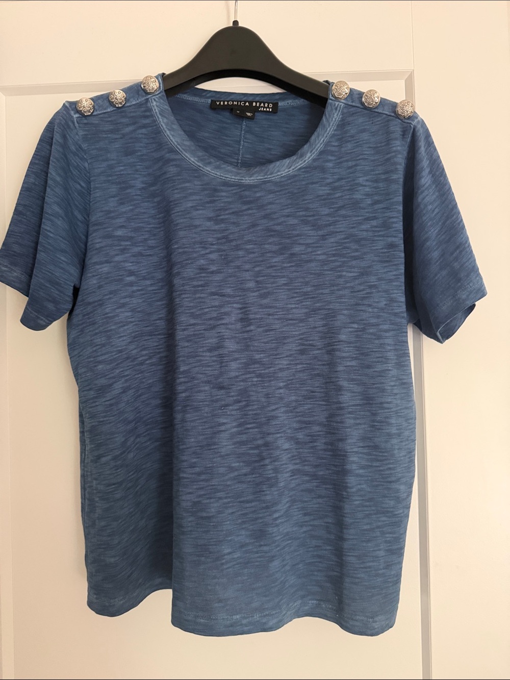 Veronica Beard Slub-Knit Blue Short Sleeve Tee with Decorative Shoulder Buttons